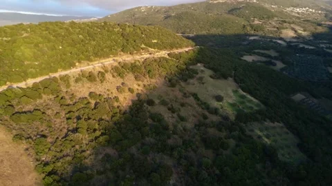 Steep mountain slope with wild forest olive groves and straight ridge road Stock Footage 344095386