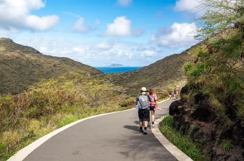 Steep paved trail up to the lighthouse on Makapuu point on Oahu, Hawaii Stock Photos