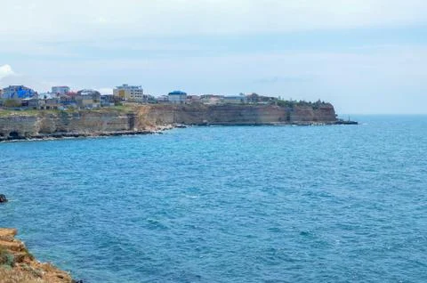 Steep, sharp, stone beaches on the Black Sea coast, in the vicinity of the city Stock Photos