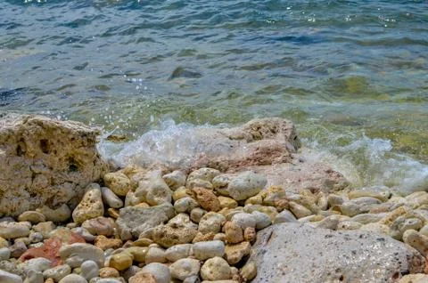 Steep, sharp, stone beaches on the Black Sea coast, in the vicinity of the city Stock Photos