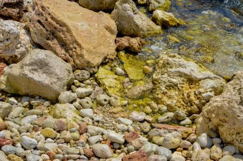 Steep, sharp, stone beaches on the Black Sea coast, in the vicinity of the city Stock Photos