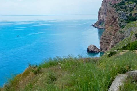 Steep, sharp, stone beaches on the Black Sea coast, in the vicinity of the city Stock Photos