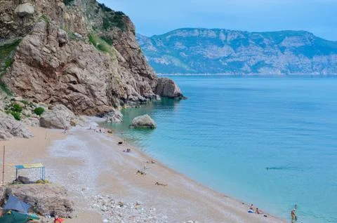 Steep, sharp, stone beaches on the Black Sea coast, in the vicinity of the city Stock Photos