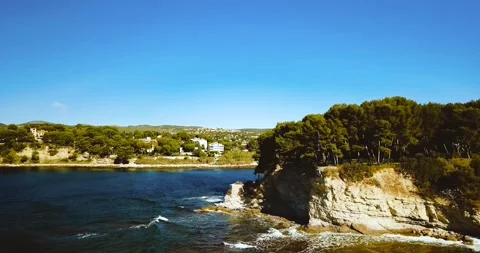 Steep-sided valley. Calanque d'En-Vau. Cap canaille and Azure sea. Summer Stock Footage 144441582