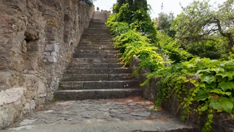 Steep stone staircase in a medieval castle. Stock Footage 327685665