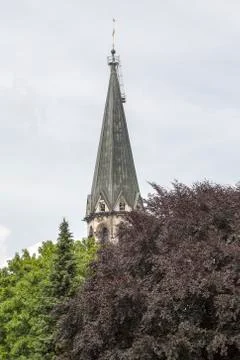 Steeple behind a red tree in summer Stock Photos