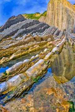 Steeply-tilted Layers of Flysch, Basque Coast UNESCO Global Geopark, Spain Stock Photos