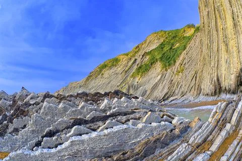 Steeply-tilted Layers of Flysch, Basque Coast UNESCO Global Geopark, Spain Stock Photos