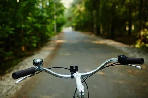 Steer of bicycle in riding down park road Фото