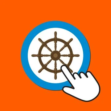 Steer wheel icon. Navigation concept. Hand Mouse Cursor Clicks the Button. Stock Illustration