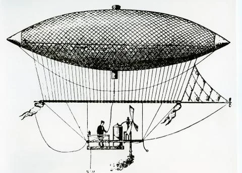 Steerable steam zeppelin built by Henri Giffard 1852 in Paris first passenger Stock Illustration