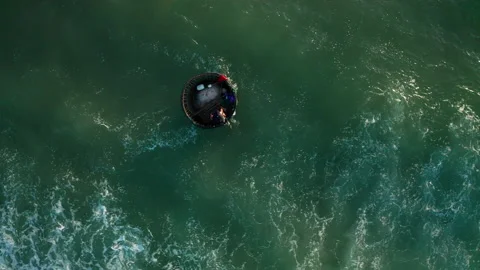 Steering Basket Boat Passing High Waves From Shore Stock Footage 147944648