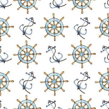 Steering wheel and anchor pattern watercolor Stock Illustration