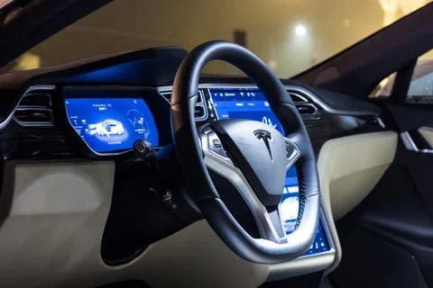 Steering wheel and dashboard of Tesla Model S Stock Photos