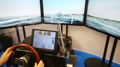 Steering wheel of boat simulator at VI International Exhibition Stock Footage 38177443