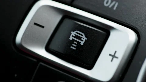 Steering wheel button the adaptive Cruise Control while driving a car Video stock 194714609