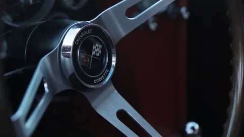 Steering Wheel of Classic American Car Stock Footage 89096653