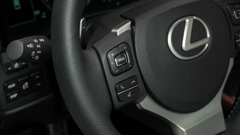 Steering wheel control buttons close up 2017 Lexus GS F SE Video stock 159949821