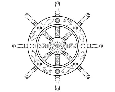 Steering wheel decorated with shells, fish and starfish - a vector linear Stock Illustration