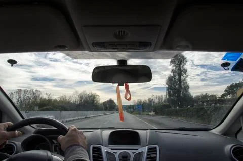 Steering wheel from inside the car Stock-Fotos