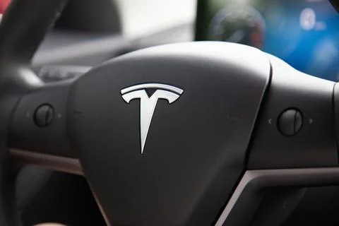 Steering wheel, interior view of Tesla Stock Photos