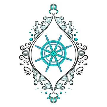Steering wheel of the ship. In a beautiful frame. Vector illustration isolate Stock Illustration