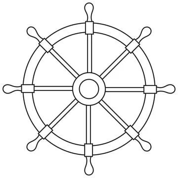 Steering wheel Vector linear illustration. Drawing of Helm from pirate ship Illustrazione stock