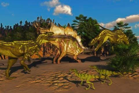 A Stegosaurus tries to defend itself from two Torvosaurus dinosaurs. Stock Illustration