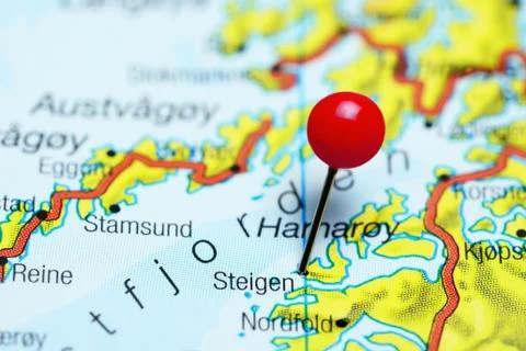 Steigen pinned on a map of Norway Stock Photos
