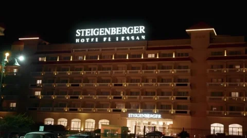 Steigenberger Hotel El Lessan Facade Night Illuminated Stock-Footage 313013172