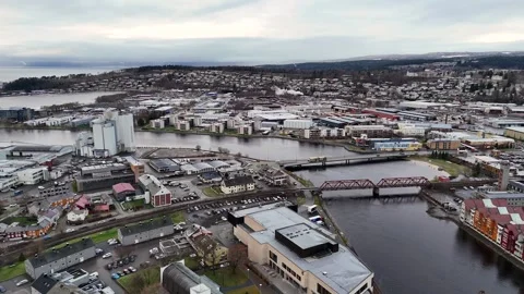 Steinkjer aerial with parallel river bridges industrial and residential areas Video stock 314775486