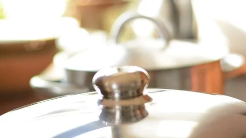 Steinless steel pot in kitchen. Stock Footage 73140165