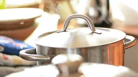 Steinless steel pot in kitchen. Stock Footage 73140538