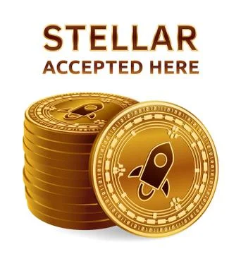 Stellar. Accepted sign emblem. Crypto currency. Stack of golden coins with St Stock Illustration