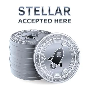 Stellar. Accepted sign emblem. Crypto currency. Stack of silver coins with St Stock Illustration