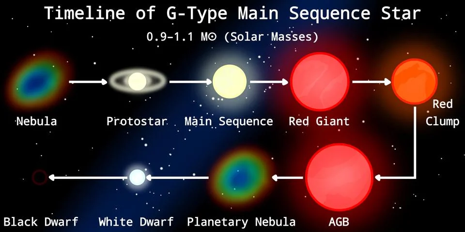 Stellar Evolution Timeline of G-Type Main Sequence Star (Yellow Dwarf Star) Stock Illustration