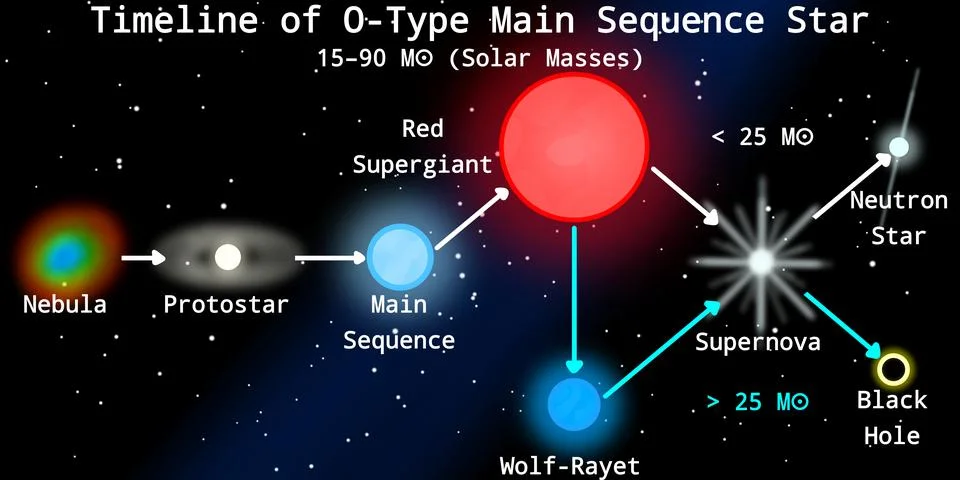 Stellar Evolution Timeline of O-Type Main Sequence Star (Blue Giant Star) Stock Illustration