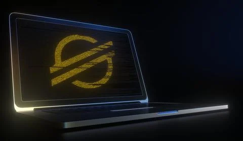 Stellar logo made with computer code on the laptop screen. Cryptocurrency mining Stock Illustration