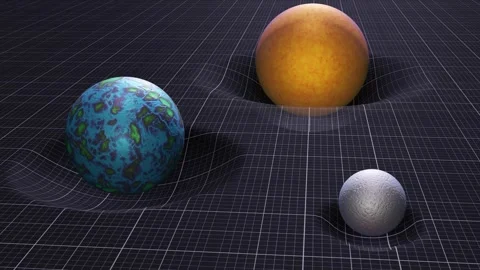 Stellar objects warping space/grid surface. 3d animation render Stock Footage 286401387