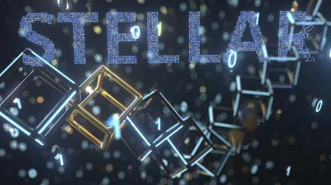 STELLAR text and cubic chain and binary numbers. Cryptocurrency concept, 3D Stock Illustration