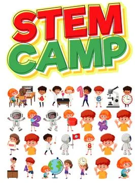 Stem camp logo and set of children with education objects isolated Stock Illustration