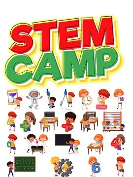 Stem camp logo and set of children with education objects isolated Illustrazione stock