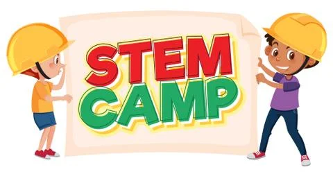 Stem camp logo and two kids wearing engineer hat isolated Stock Illustration