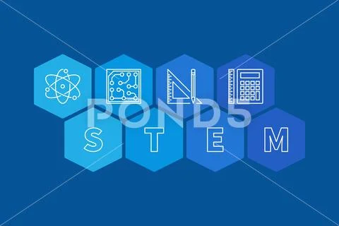 STEM concept banner. Vector blue hexagonal illustration Stock Illustration