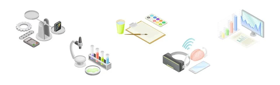 STEM Education and Science Object and Equipment Isometric Vector Set Stock Illustration