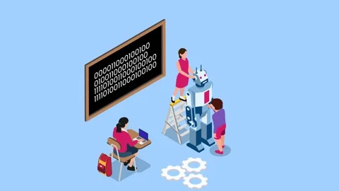 STEM Education Classroom with Kids Learning Coding and Building a Robot 3d .. Stock Footage 337945028