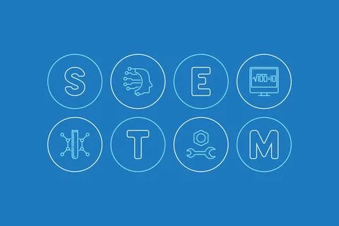 STEM Education horizontal minimal vector blue line illustration. Science bann Stock Illustration