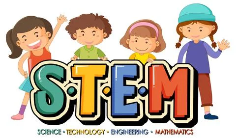 STEM education logo banner with kids cartoon character Illustrazione stock