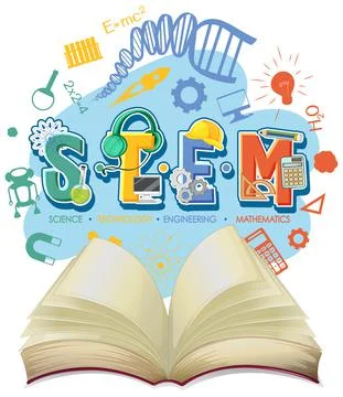 STEM education logo with opened book and icon ornament elements Stock Illustration