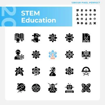 STEM education pixel perfect black glyph icons set on white space Stock Illustration